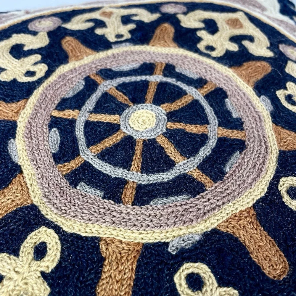 Greek Embroidered Nautical Throw Pillow 15x15 Dolphins‎ Anchors Coastal Decor